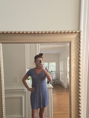 Striped V-Neck T-Shirt Dress in Navy and White